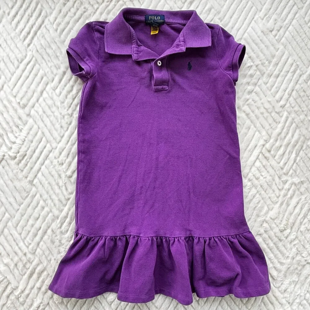 Polo Ralph Lauren Girls Purple Polo Dress 6X Short Sleeve Ruffle Hem